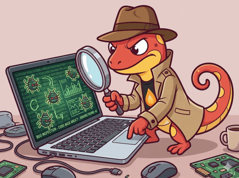 Sparky debugging code with magnifying glass