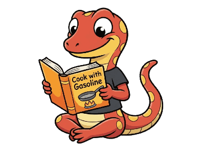 Sparky the Salamander reading Cook with Gasoline